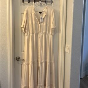 Torrid Cream Midi Dress with Button Front and Puff Sleeves